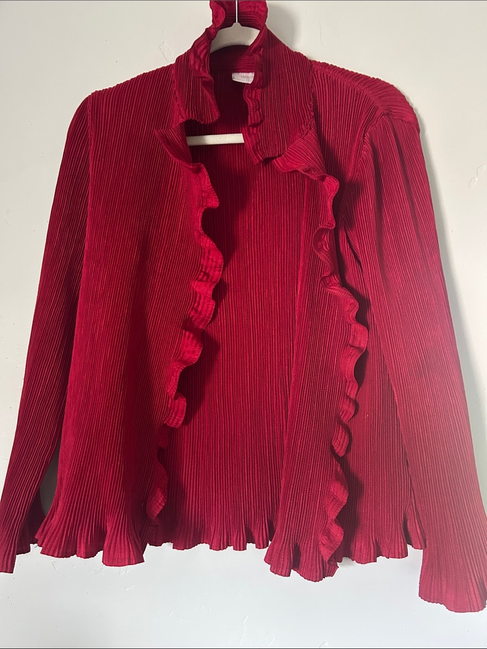 Chico’s Women’s Red Ruffled Pleated Open Lightweight Cardigan Jacket Sz 1 Medium